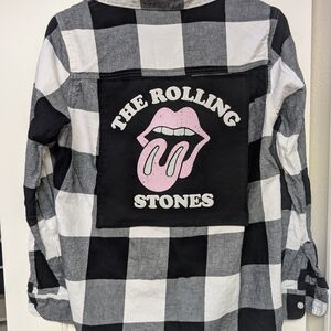 Black and White Checkered Shirt with Pink Rolling Stones Patch